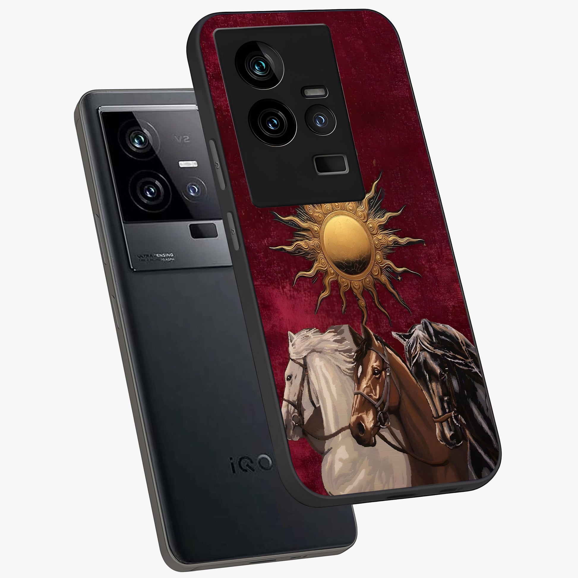 Solar Riders Glass Case displayed in angled mockup highlighting powerful rider illustration with radiant solar aesthetic.