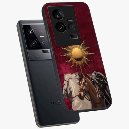 Solar Riders Glass Case displayed in angled mockup highlighting powerful rider illustration with radiant solar aesthetic.