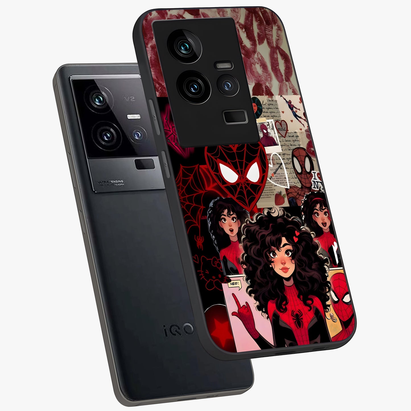 Spider Love Story Glass Case displayed in angled mockup highlighting expressive comic inspired design with playful aesthetic.