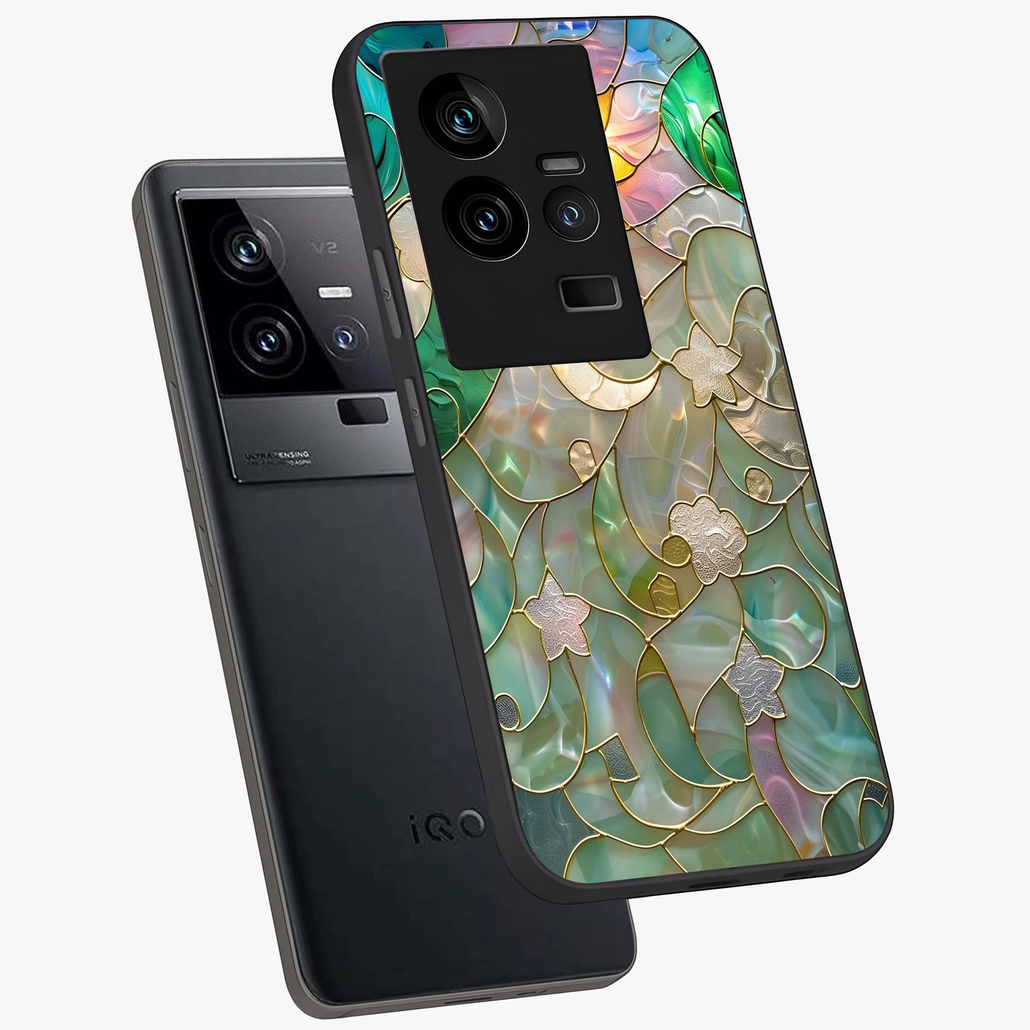 Stained Sunrise Glow Glass Case displayed in angled mockup highlighting radiant sunrise design with artistic aesthetic style.