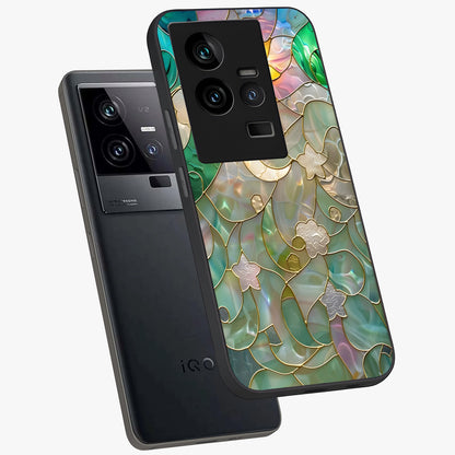 Stained Sunrise Glow Glass Case displayed in angled mockup highlighting radiant sunrise design with artistic aesthetic style.