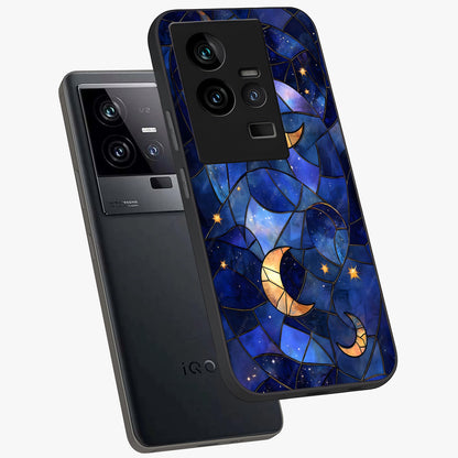 Starlit Sky Tapestry Glass Case displayed in angled mockup highlighting celestial night pattern with artistic aesthetic style.