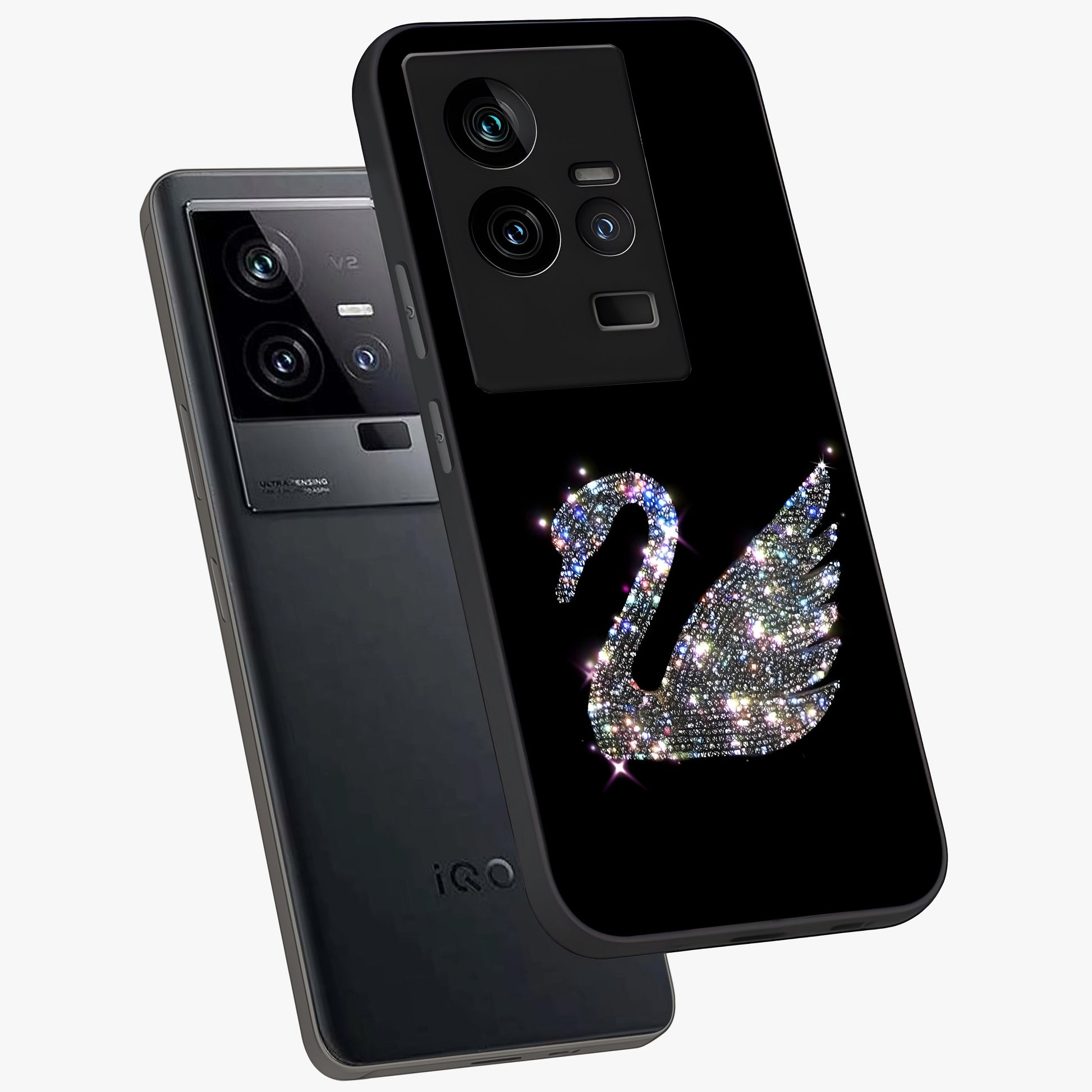Starlit Swan Grace Glass Case displayed in angled mockup highlighting elegant swan illustration with dreamy celestial aesthetic.