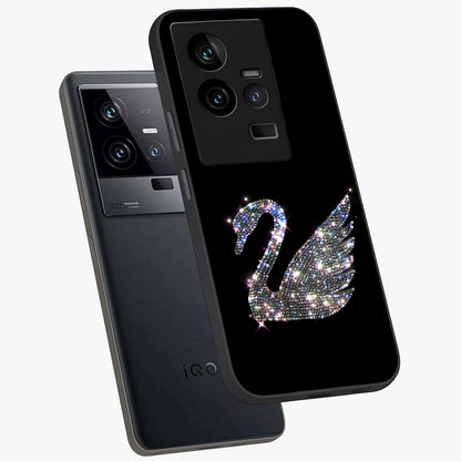 Starlit Swan Grace Glass Case displayed in angled mockup highlighting elegant swan illustration with dreamy celestial aesthetic.