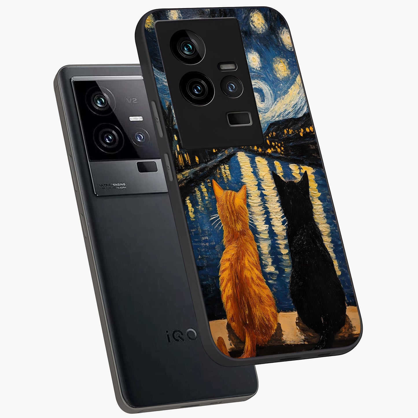Starry River Cats Glass Case displayed in angled mockup highlighting charming feline illustration with dreamy night aesthetic.