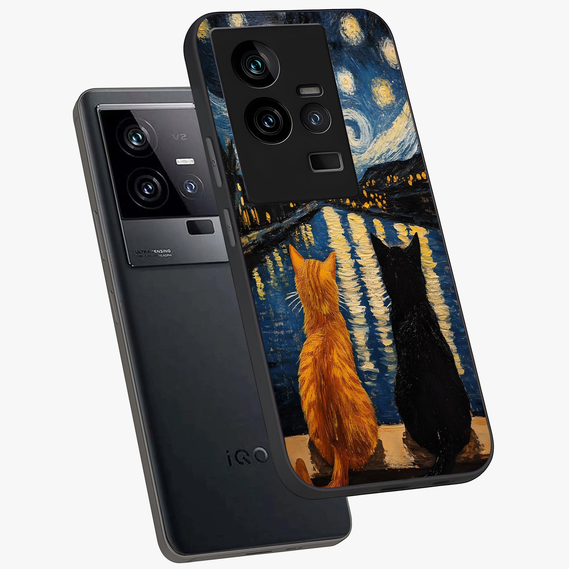 Starry River Cats Glass Case displayed in angled mockup highlighting charming feline illustration with dreamy night aesthetic.