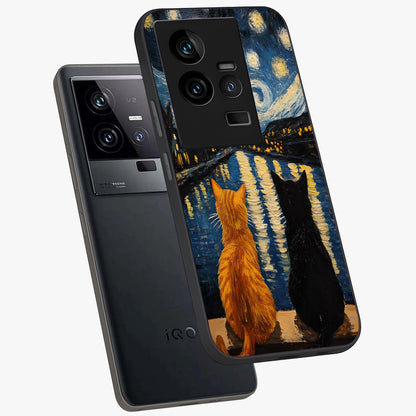 Starry River Cats Glass Case displayed in angled mockup highlighting charming feline illustration with dreamy night aesthetic.