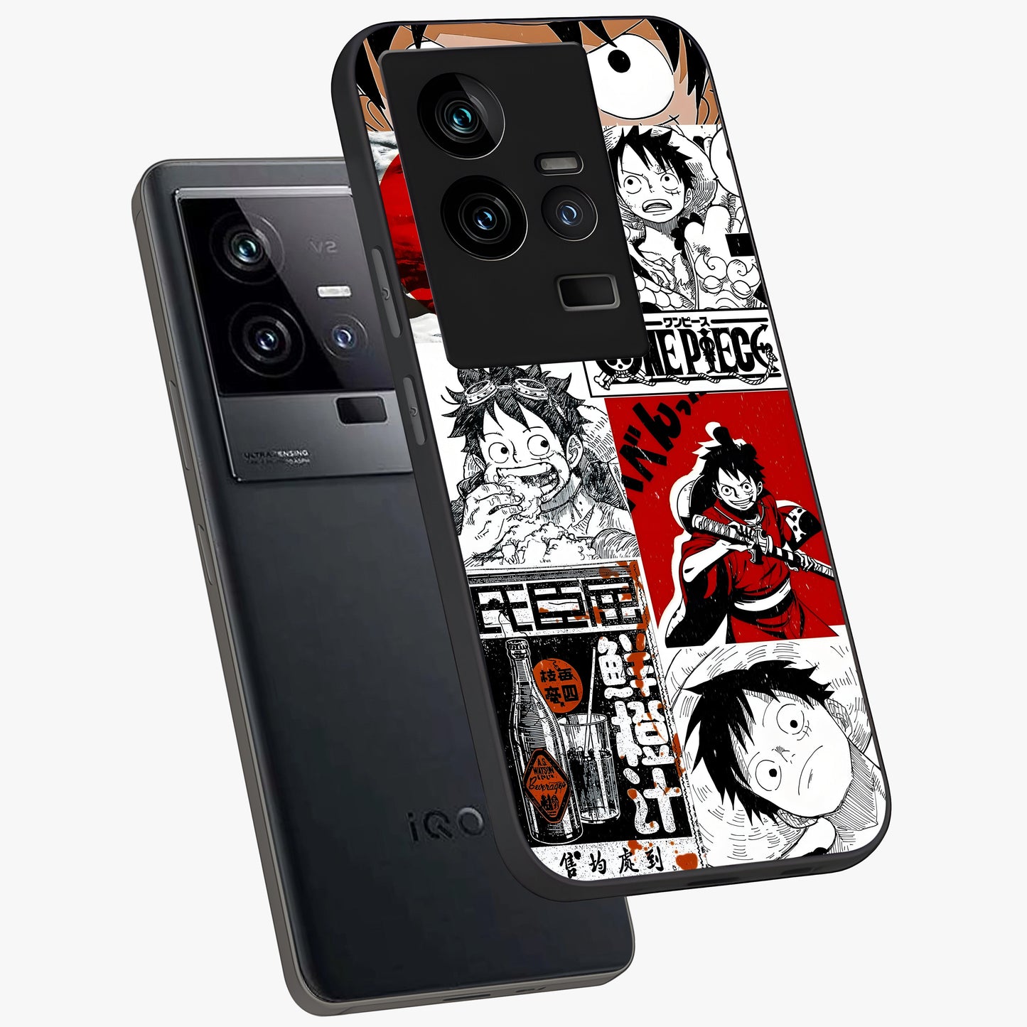Strawhat Chaos Panels Glass Case displayed in angled mockup highlighting vibrant anime collage design with action aesthetic.