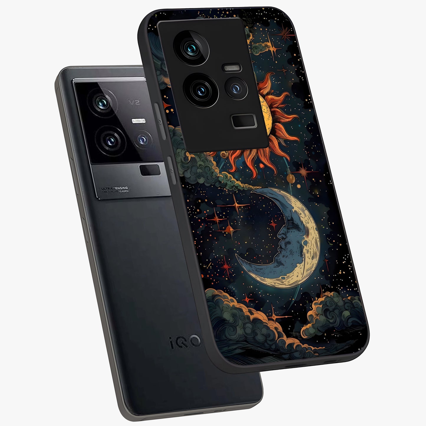 Sun And Moon Magic Design Glass Case displayed in angled mockup highlighting celestial design with magical cosmic aesthetic.