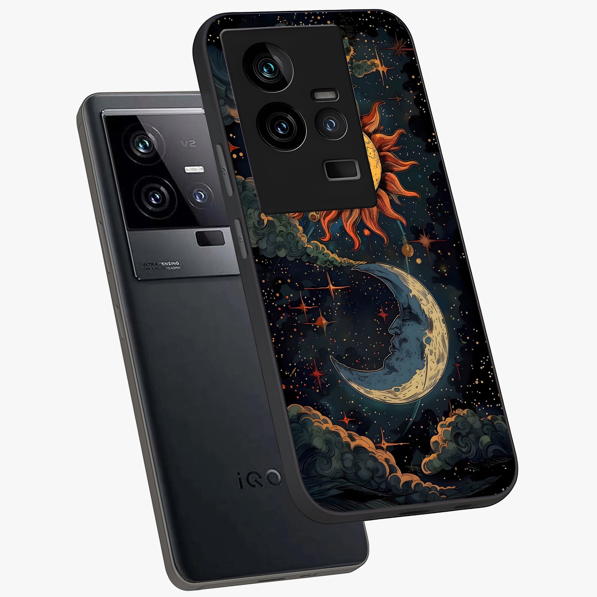 Sun And Moon Magic Design Glass Case displayed in angled mockup highlighting celestial design with magical cosmic aesthetic.