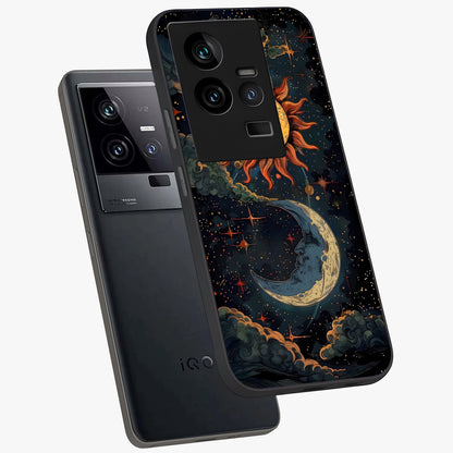 Sun And Moon Magic Design Glass Case displayed in angled mockup highlighting celestial design with magical cosmic aesthetic.