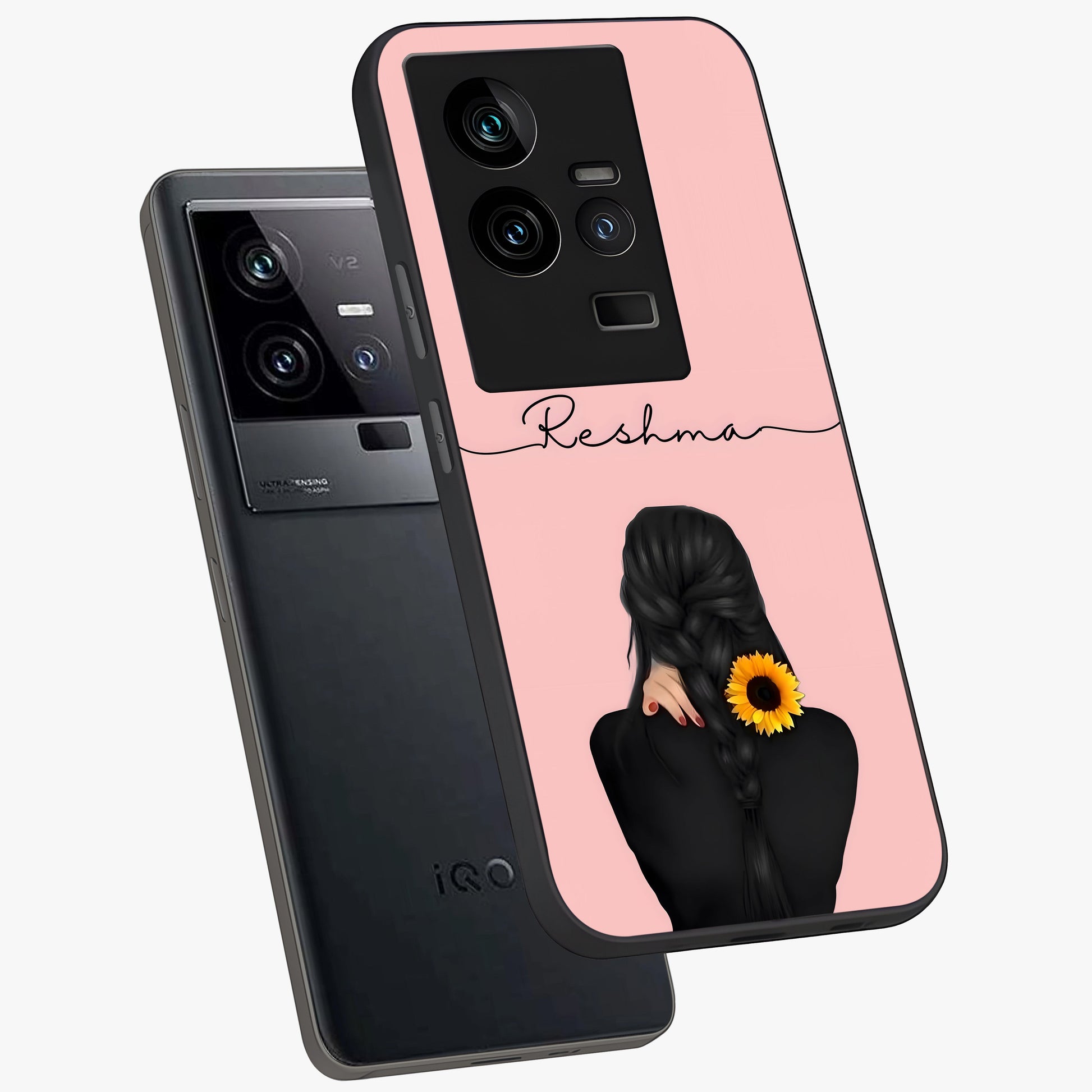 Sunflower Braid Beauty With Custom Name Glass Case displayed in angled mockup highlighting elegant sunflower design with custom name feature.