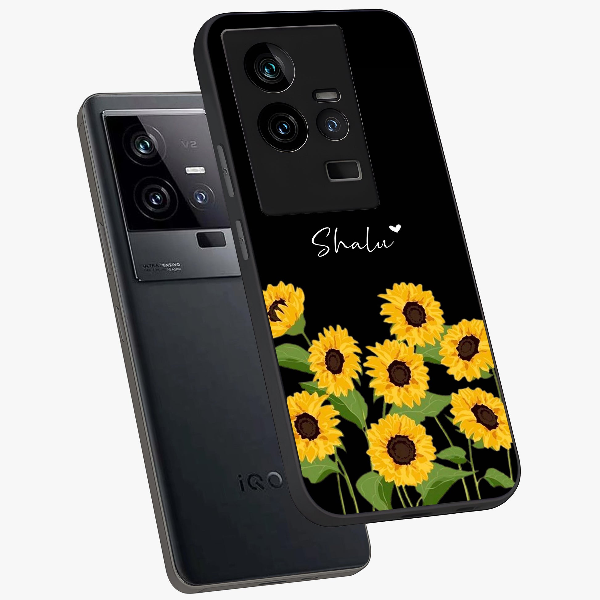 Sunflower Chic Mood Custom Name Glass Case displayed in angled mockup highlighting vibrant sunflower design with custom name feature.