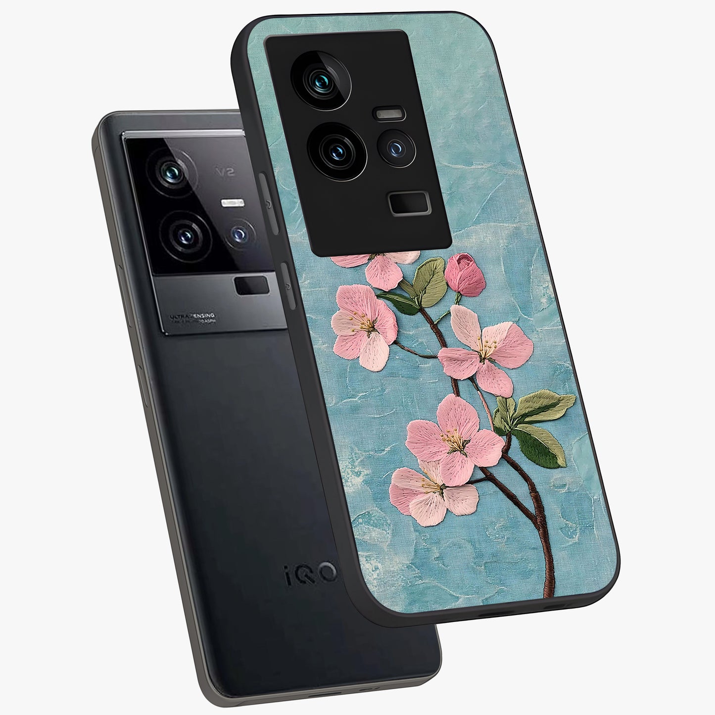 Threaded Blossom Breeze Glass Case displayed in angled mockup highlighting elegant floral design with soft aesthetic style.
