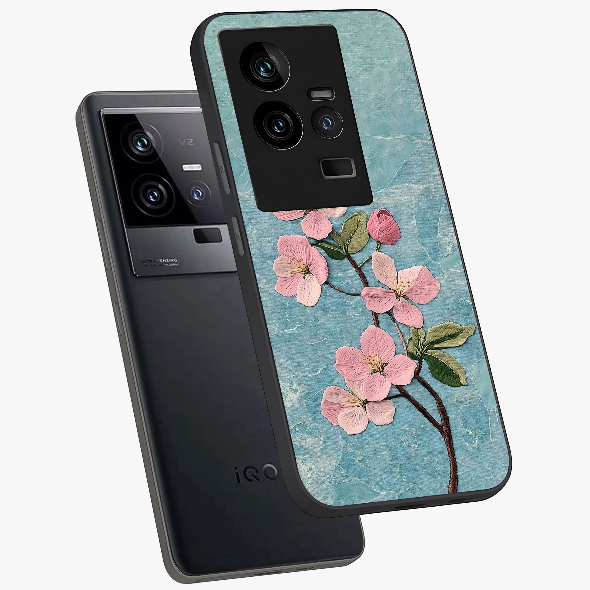 Threaded Blossom Breeze Glass Case displayed in angled mockup highlighting elegant floral design with soft aesthetic style.