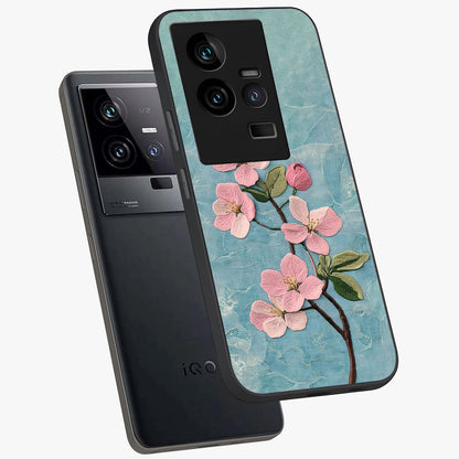 Threaded Blossom Breeze Glass Case displayed in angled mockup highlighting elegant floral design with soft aesthetic style.