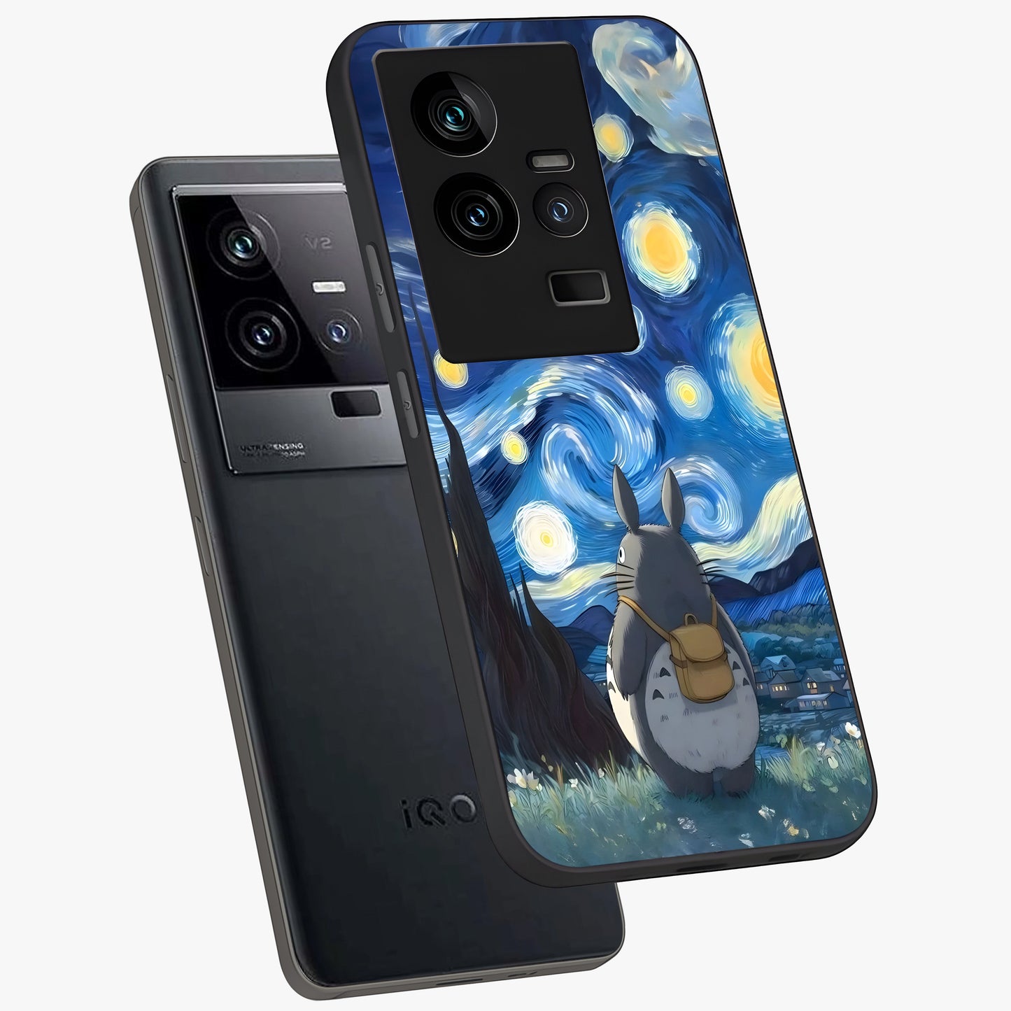 Totoro In Van Gogh Art Glass Case displayed in angled mockup highlighting artistic swirling sky design with playful animation aesthetic.