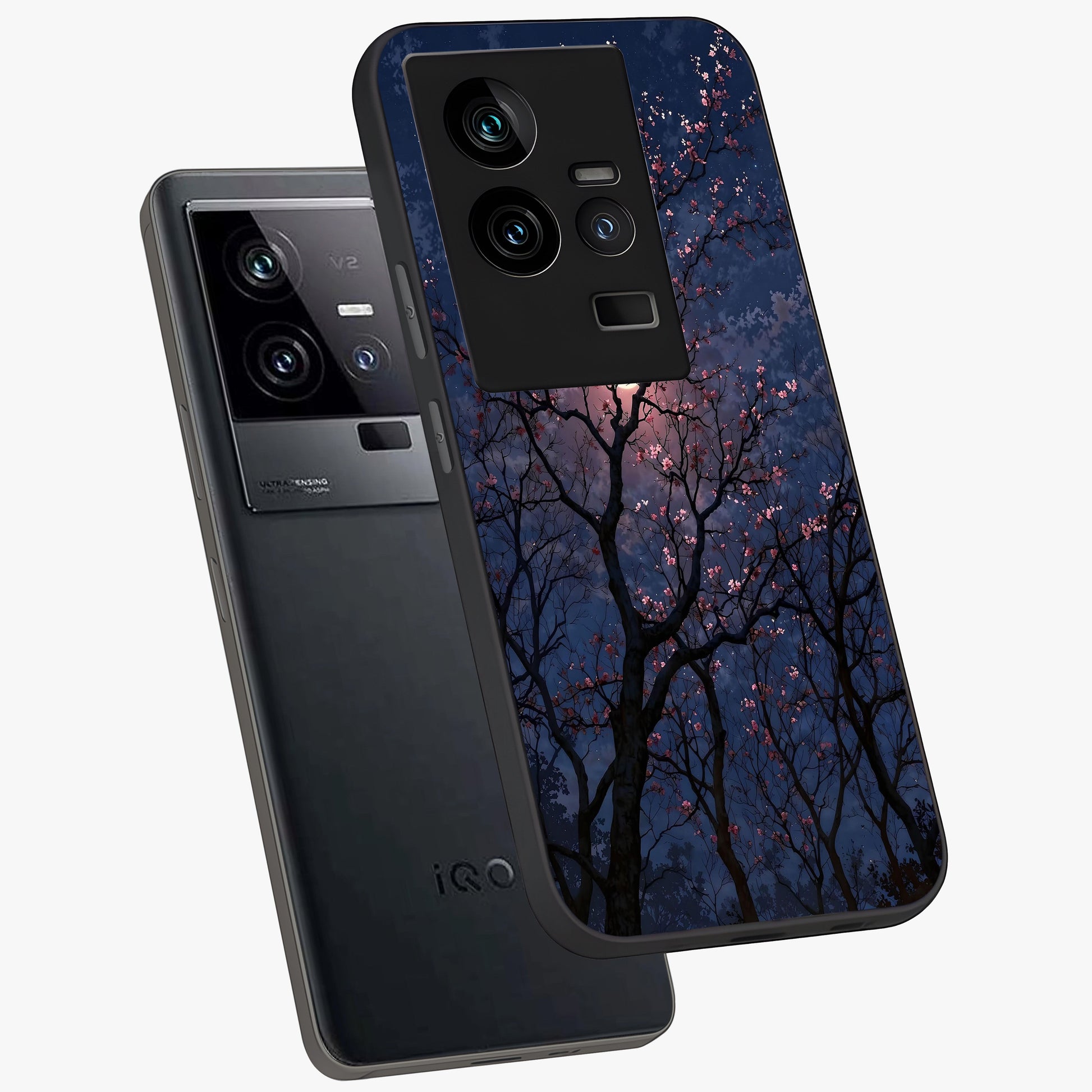 Twilight Sakura Serenade Glass Case displayed in angled mockup highlighting delicate sakura flower design with dreamy aesthetic.