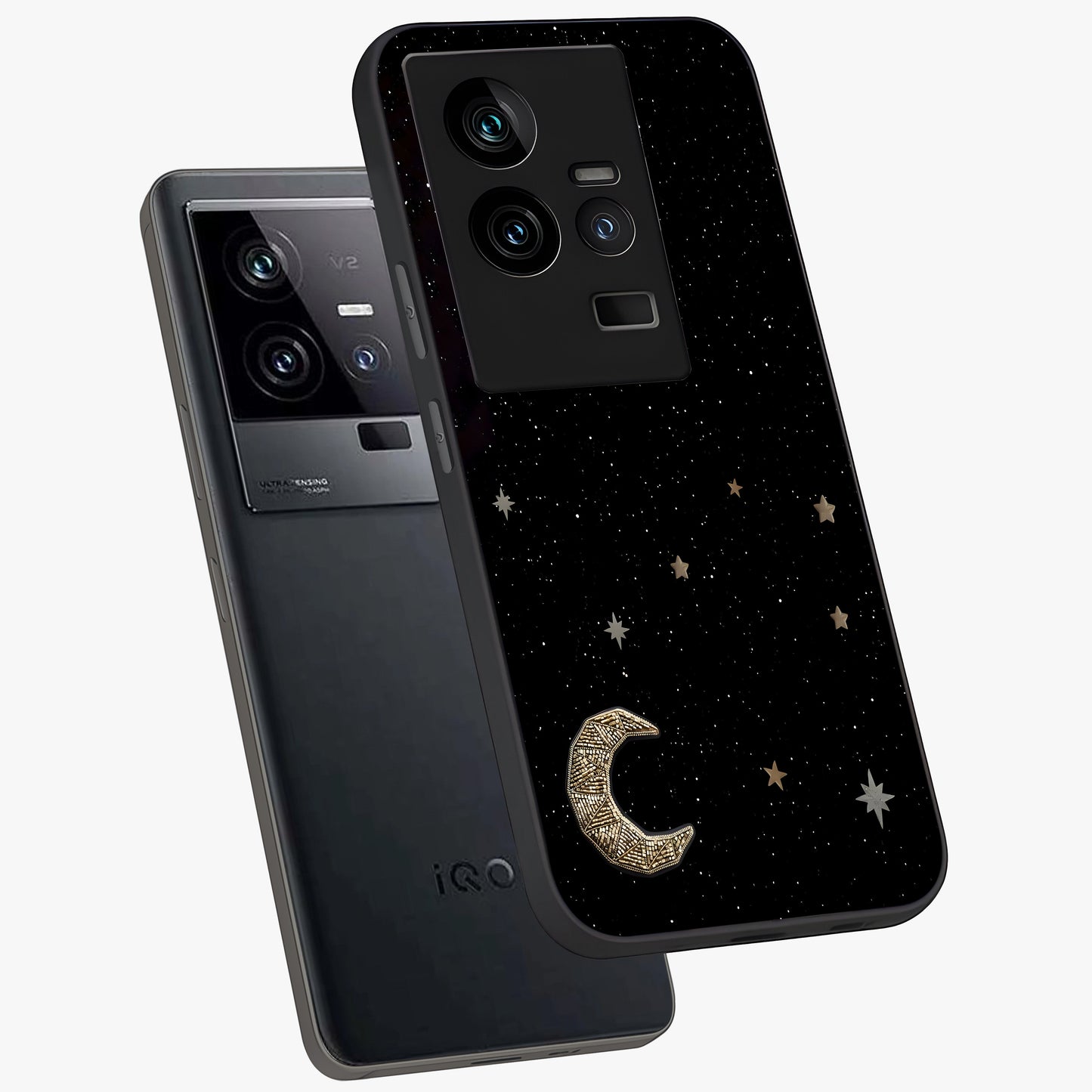 Twinkle Star With Half Moon Glass Case displayed in angled mockup highlighting celestial moon and star design with magical aesthetic.