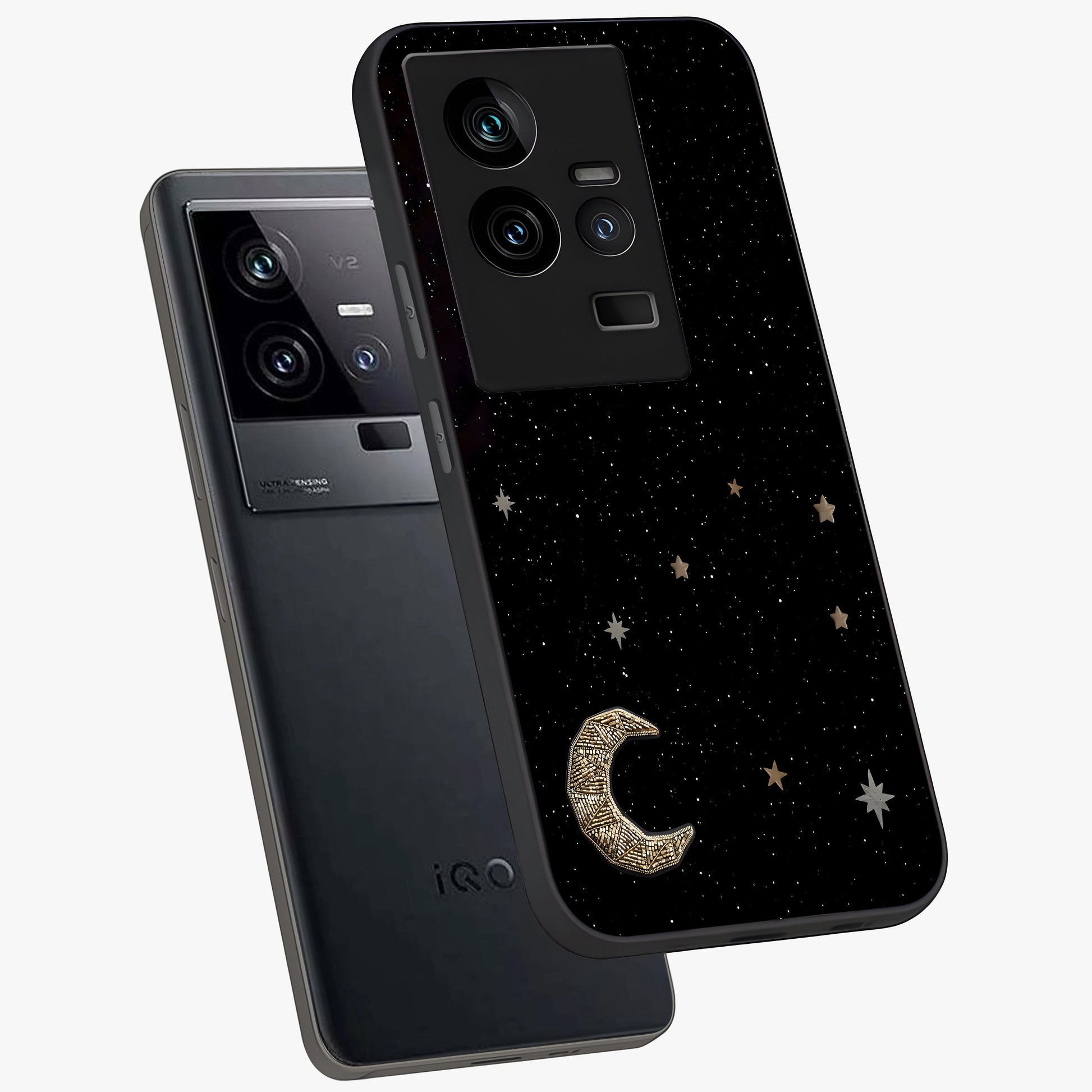 Twinkle Star With Half Moon Glass Case displayed in angled mockup highlighting celestial moon and star design with magical aesthetic.