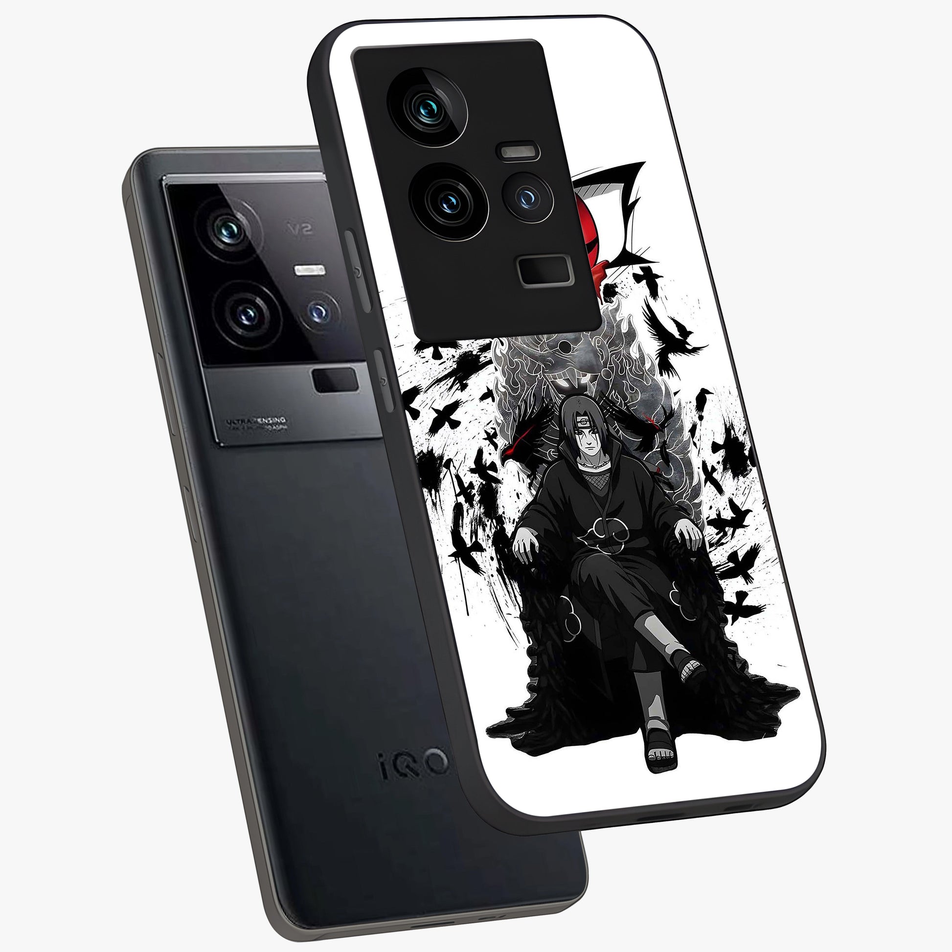 Uchiha Shadow Throne Glass Case displayed in angled mockup highlighting glowing aquatic design with celestial aesthetic.