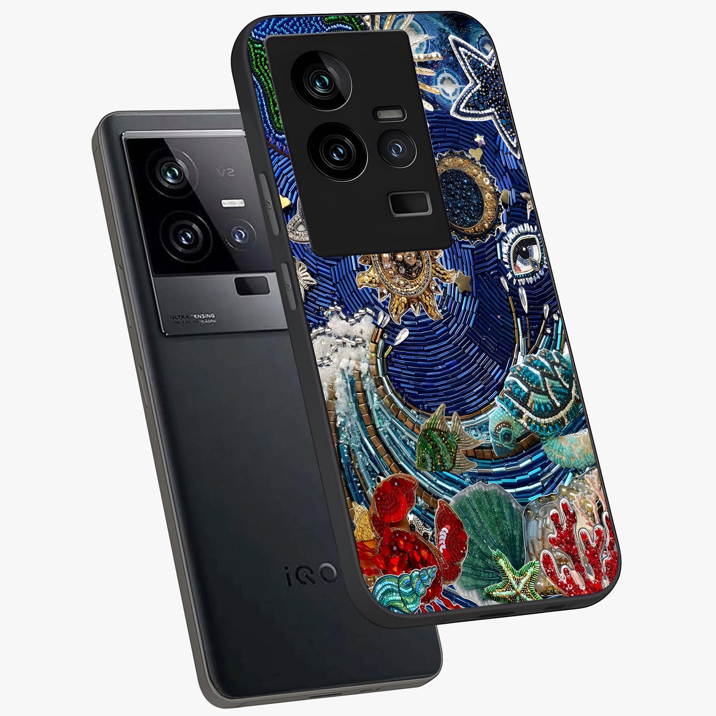 Universe Underwater Spark Glass Case displayed in angled mockup highlighting glowing aquatic design with celestial aesthetic.