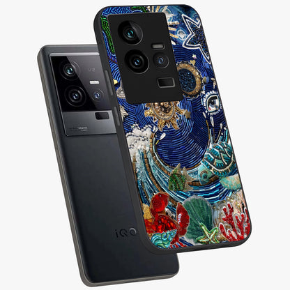 Universe Underwater Spark Glass Case displayed in angled mockup highlighting glowing aquatic design with celestial aesthetic.