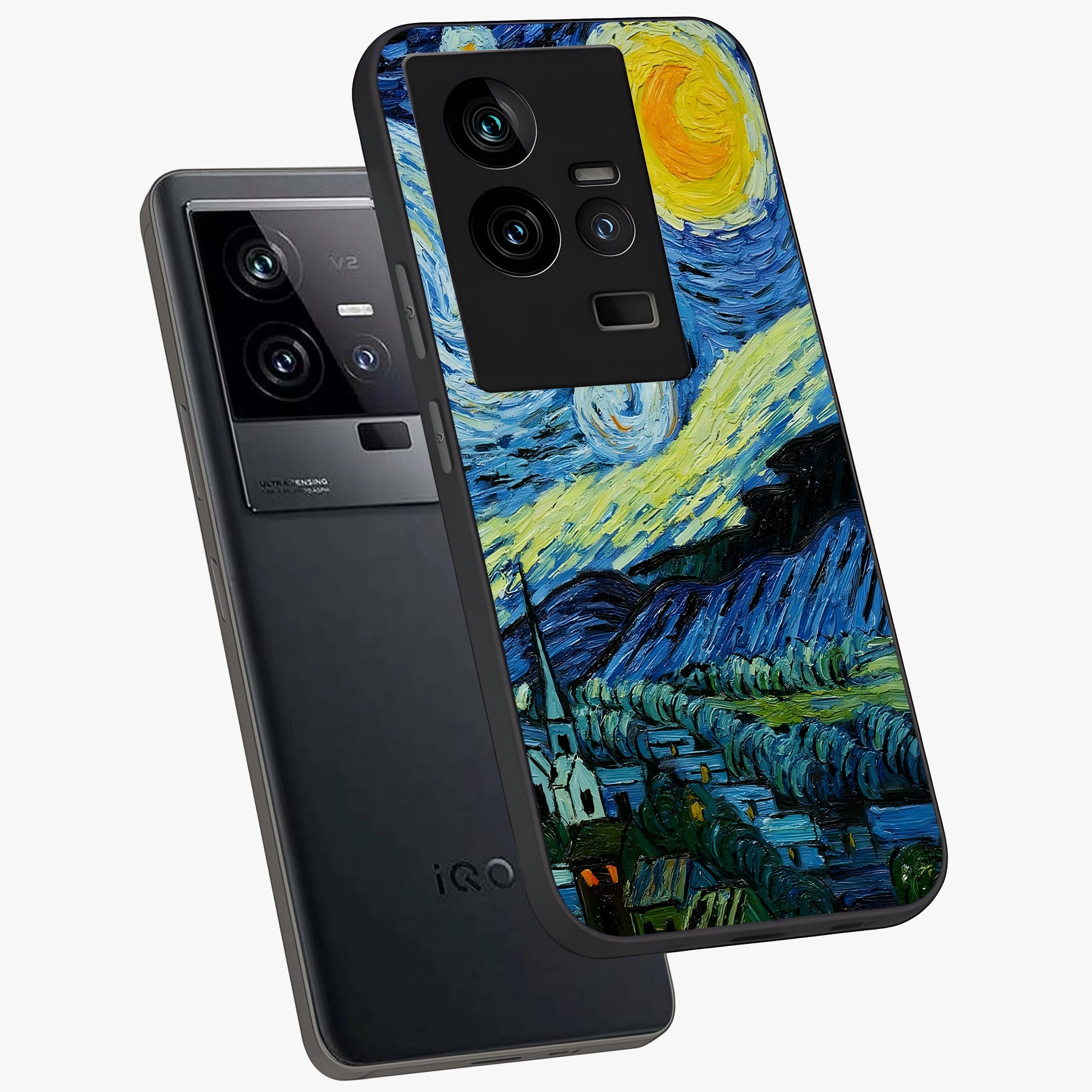 Van Gogh Art Glass Case displayed in angled mockup highlighting swirling brushstroke design with artistic aesthetic.