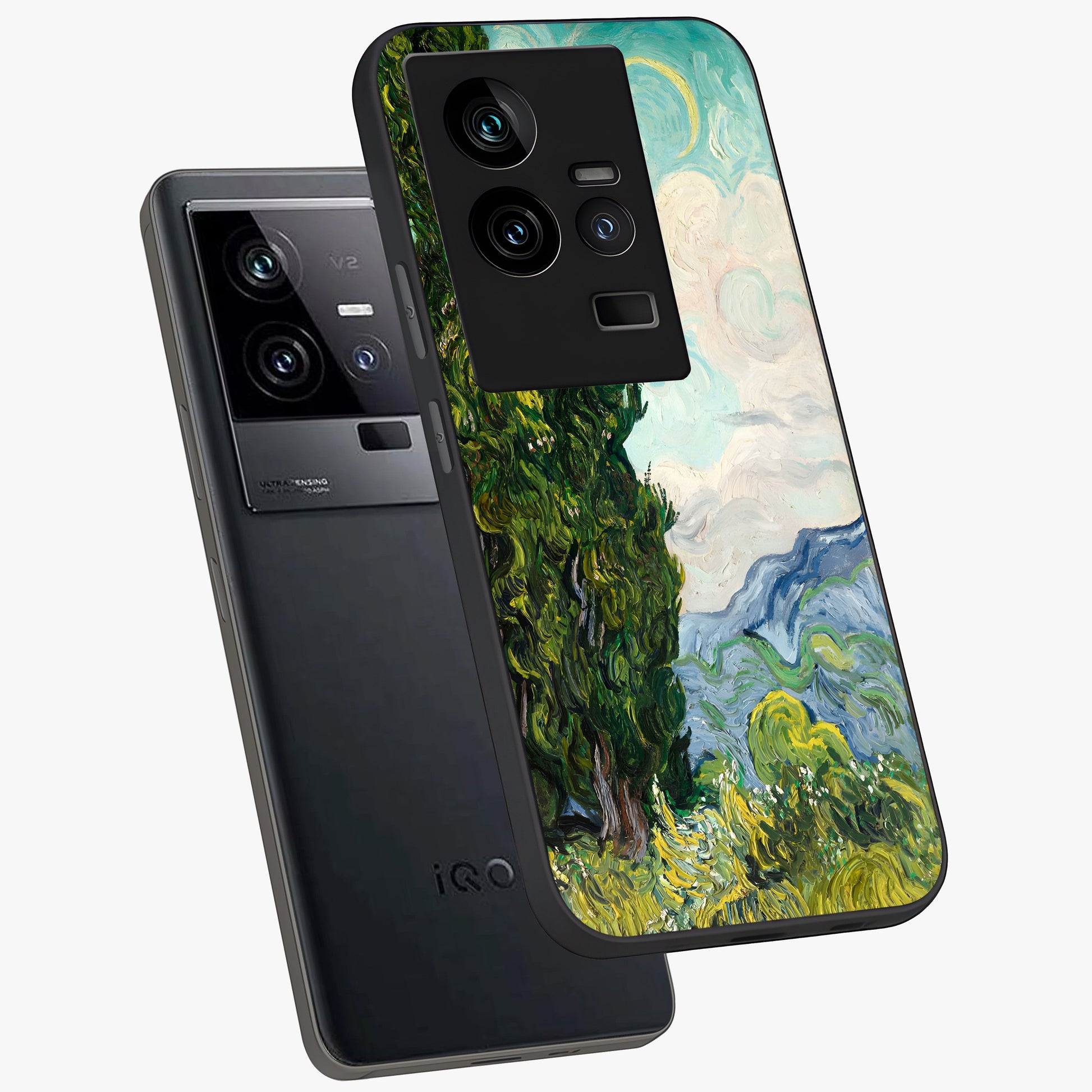 Van Gogh Vintage Art Glass Case displayed in angled mockup highlighting textured brushstroke design with classic aesthetic.