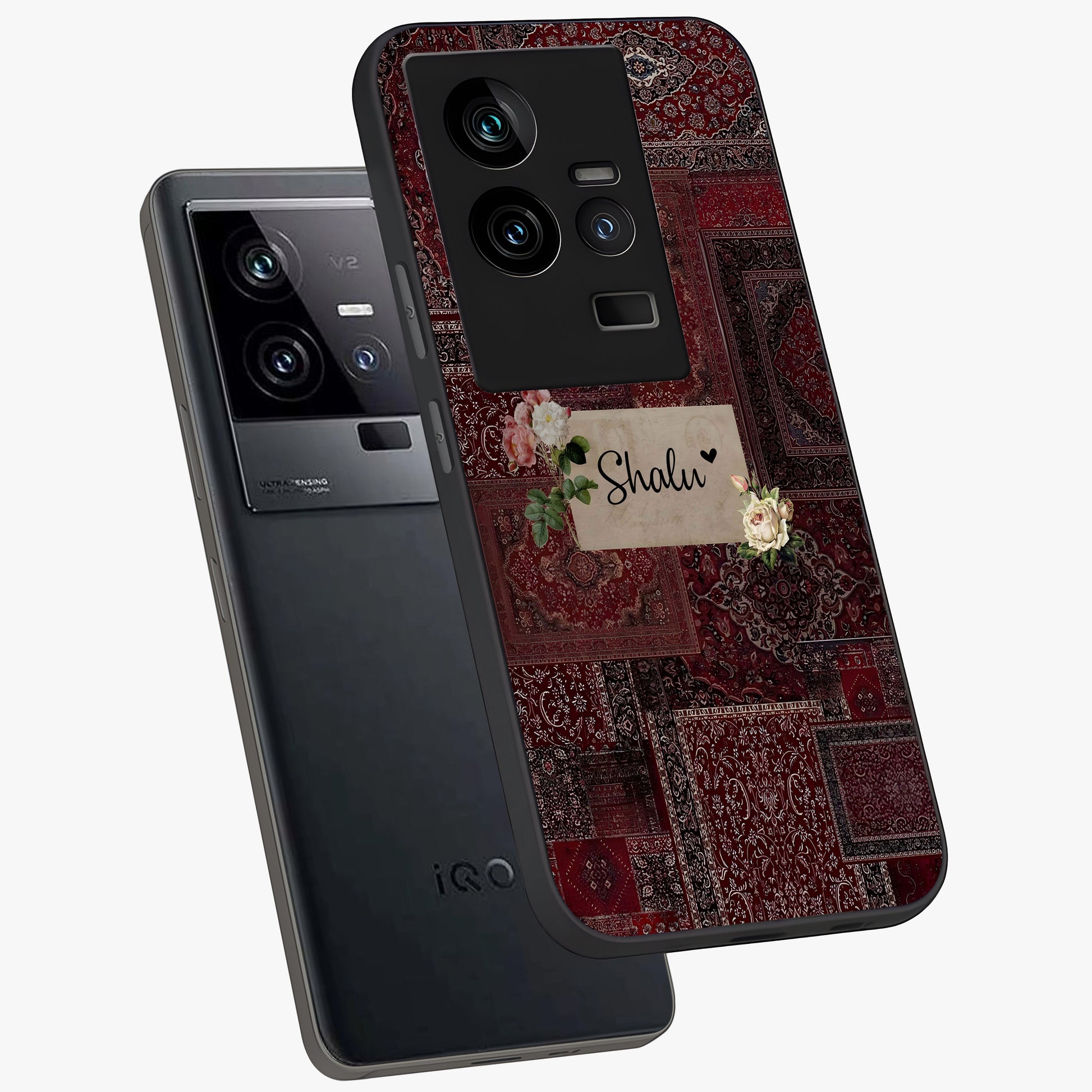 Velvet Wine Pattern Custom Name Glass Case displayed in angled mockup highlighting decorative velvet inspired design with custom name feature.