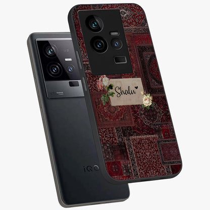 Velvet Wine Pattern Custom Name Glass Case displayed in angled mockup highlighting decorative velvet inspired design with custom name feature.