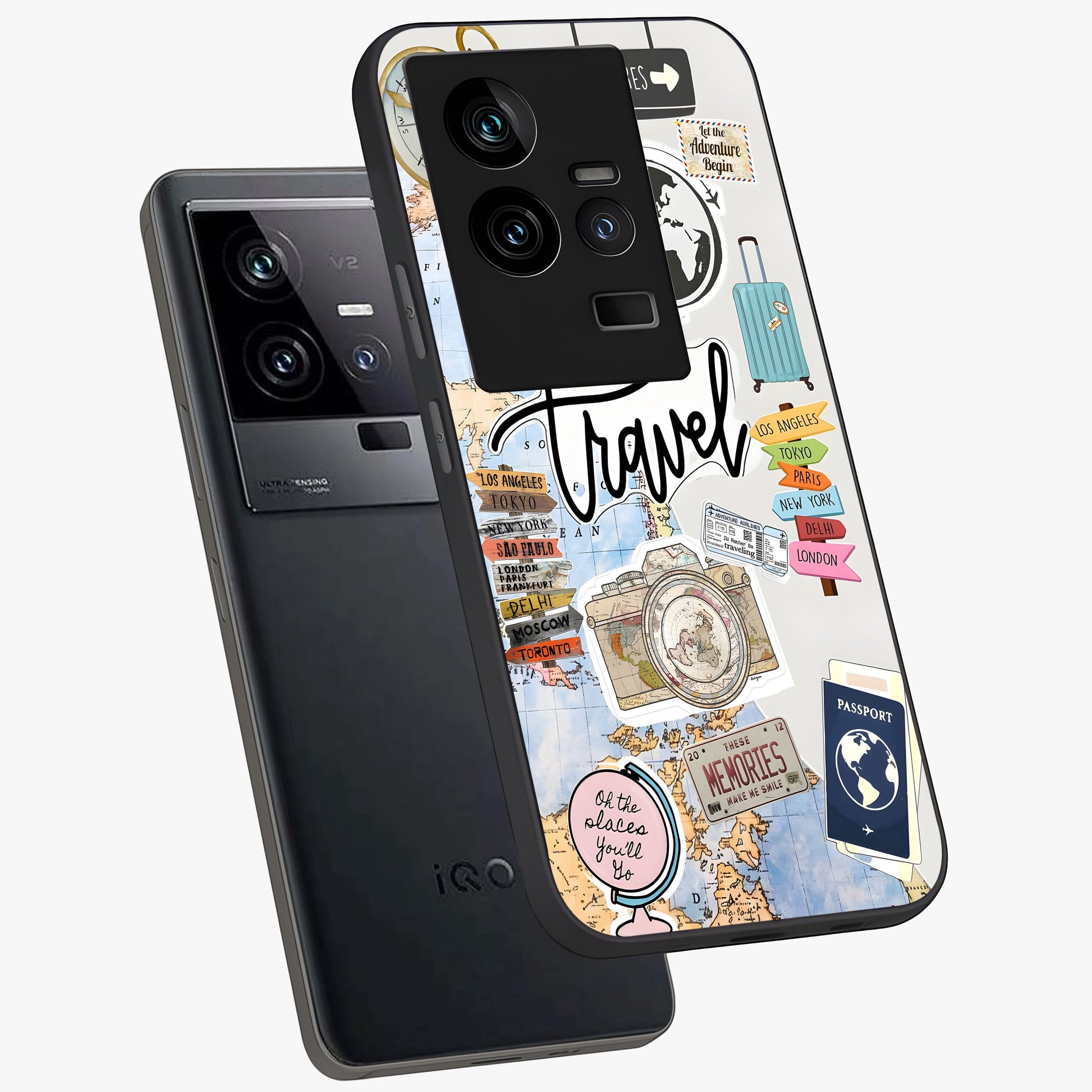 Wanderlust Journal Glass Case displayed in angled mockup highlighting adventure themed design with aesthetic travel vibe.