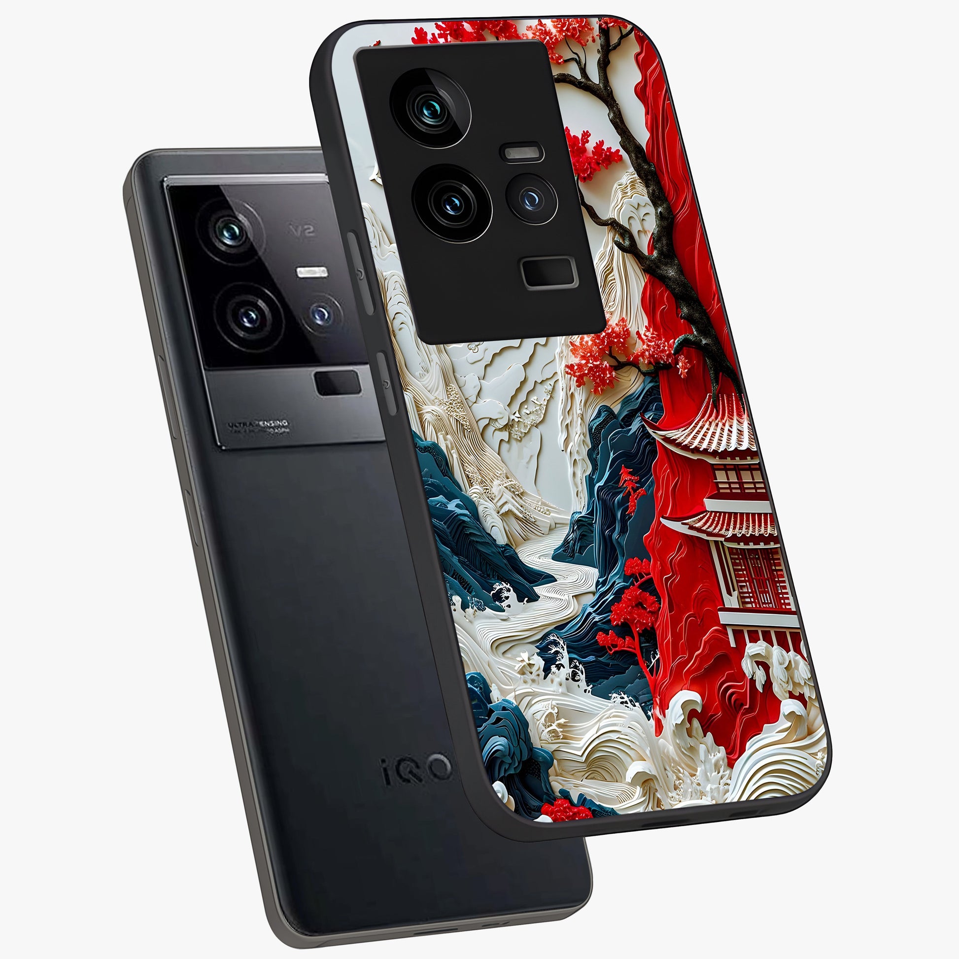 Whispers Of Sakura Waves Glass Case displayed in angled mockup highlighting flowing sakura design with soft floral aesthetic.