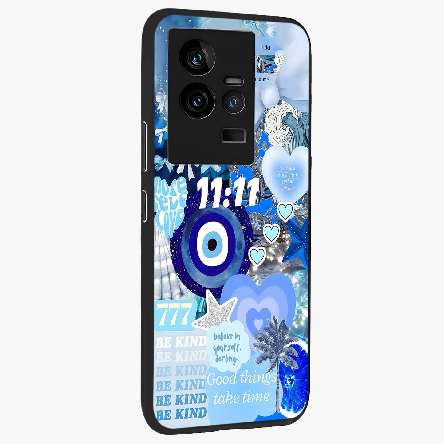 Aesthetic Be Kind Eye Glass Case upright view showcasing stylish eye illustration with positive message theme.