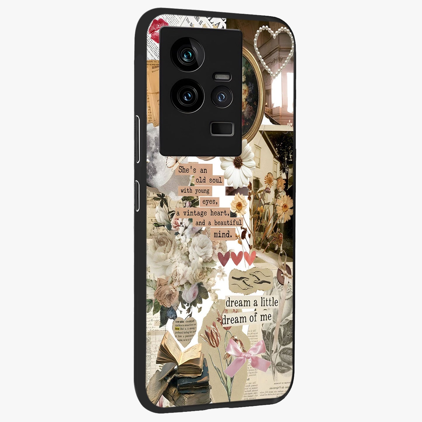 Aesthetic Brown Vintage Collage Glass Case upright view showcasing nostalgic retro artwork with stylish vintage theme.