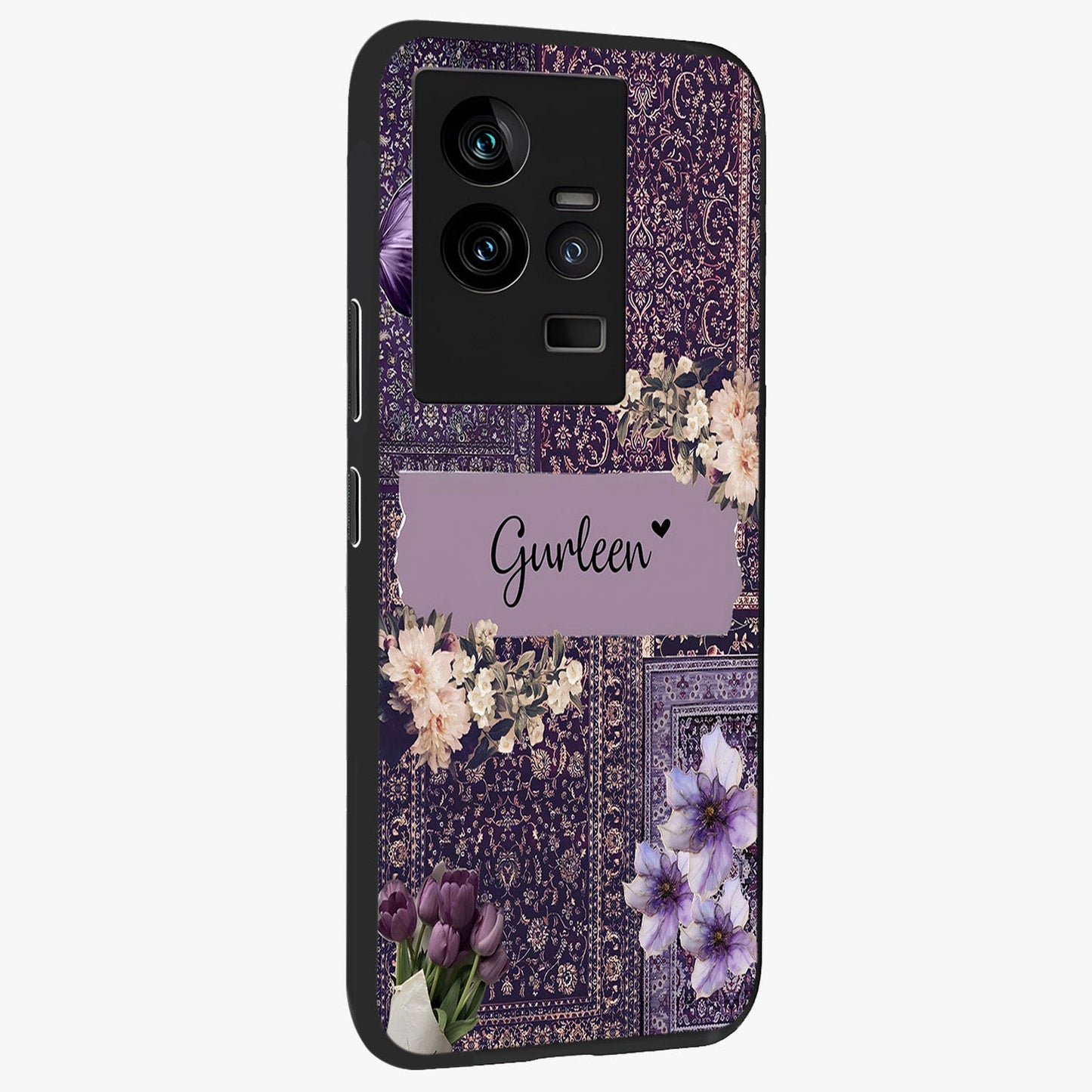 Antique Floral Whisper Custom Name Glass Case upright view showcasing delicate floral artwork with custom name feature.