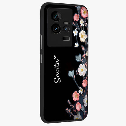 Black Elegance Floral Custom Name Glass Case upright view showcasing luxurious black floral design with personalized name detail.