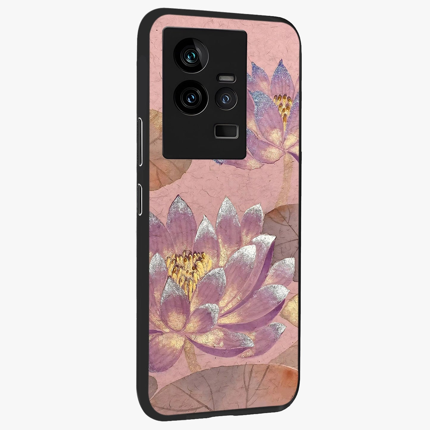 Blossom Mist Lotus Glass Case upright view showcasing graceful lotus flower design with peaceful botanical style.