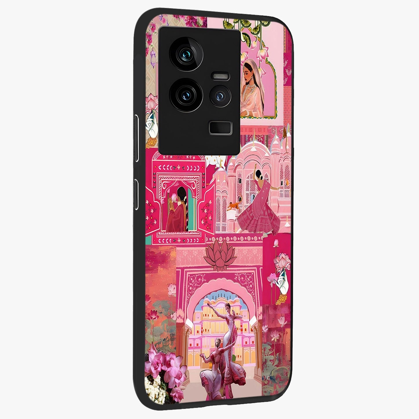 Blossoms of Rajasthan Glass Case upright view showcasing colorful floral design inspired by traditional Indian art.