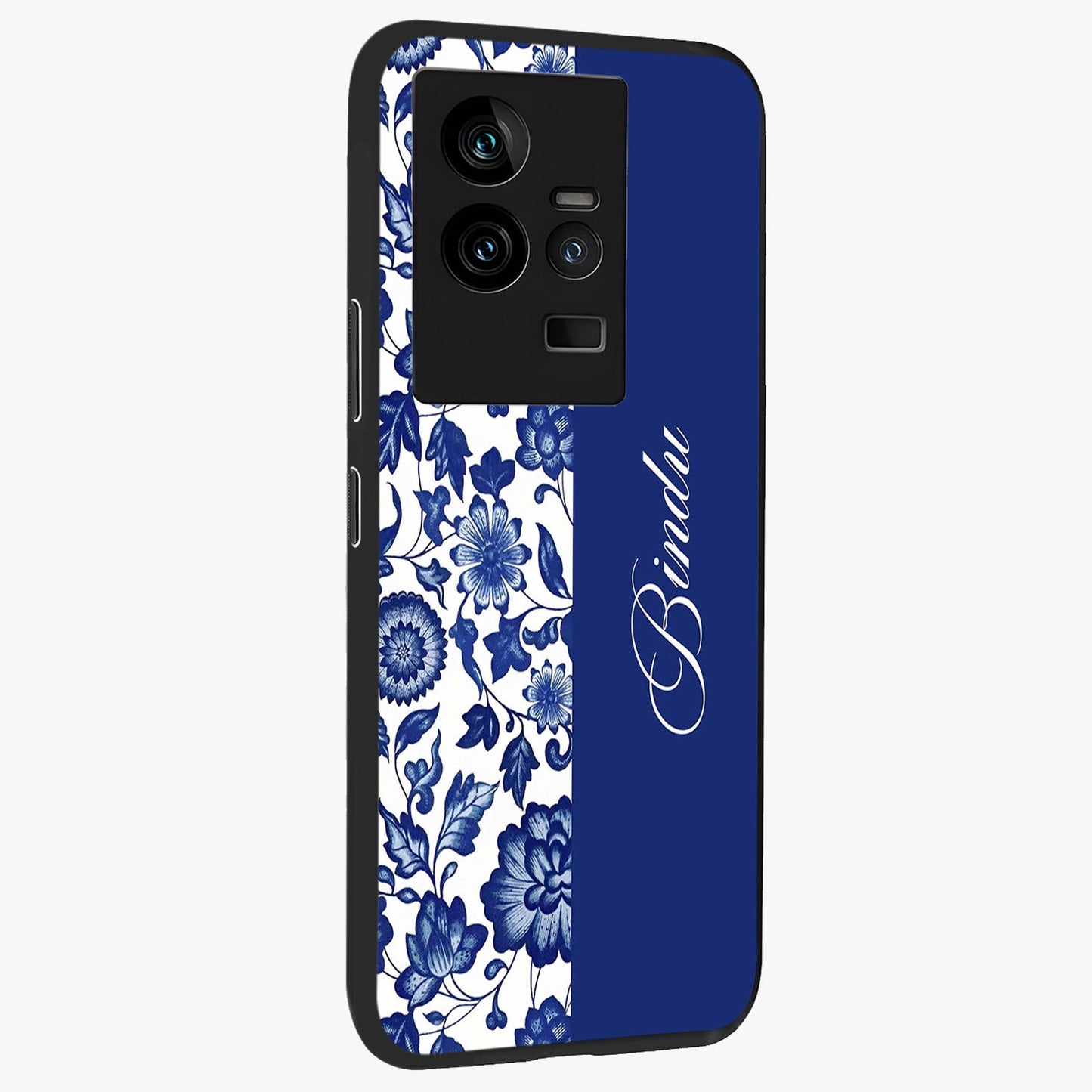 Blue Vintage Floral Pattern Glass Case upright view showcasing delicate blush floral texture with modern minimal style.