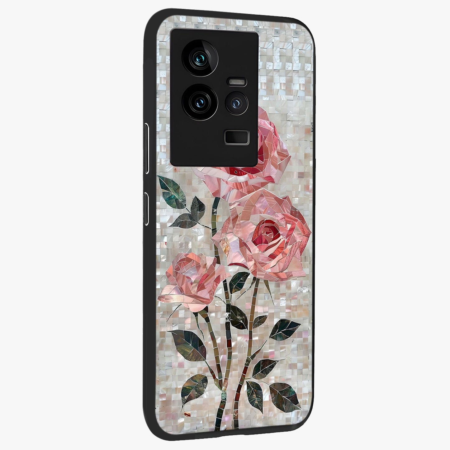 Blush Mosaic Bloom Glass Case upright view showcasing decorative floral mosaic artwork with stylish modern aesthetic.