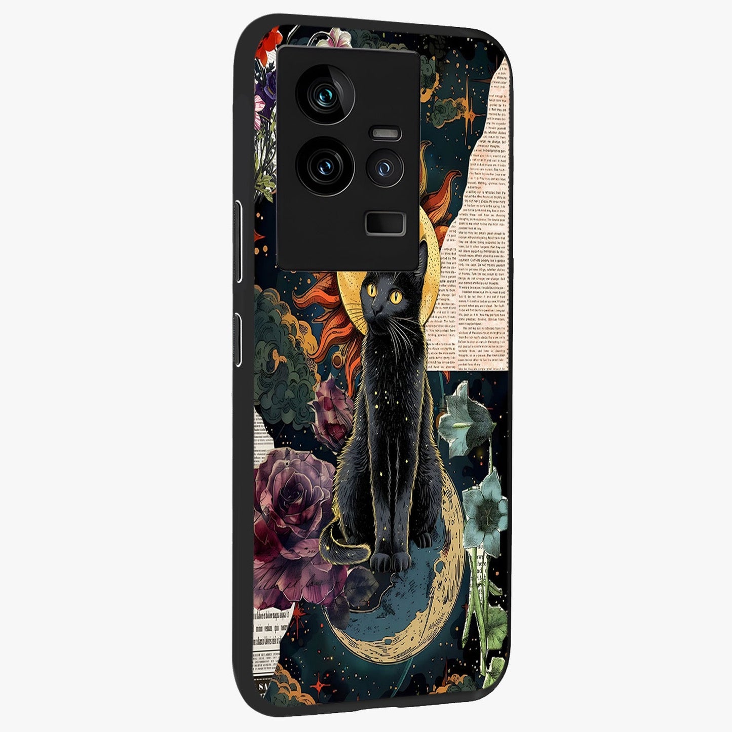 Celestial Black Cat Glass Case upright view showcasing magical black cat illustration with starry cosmic theme.