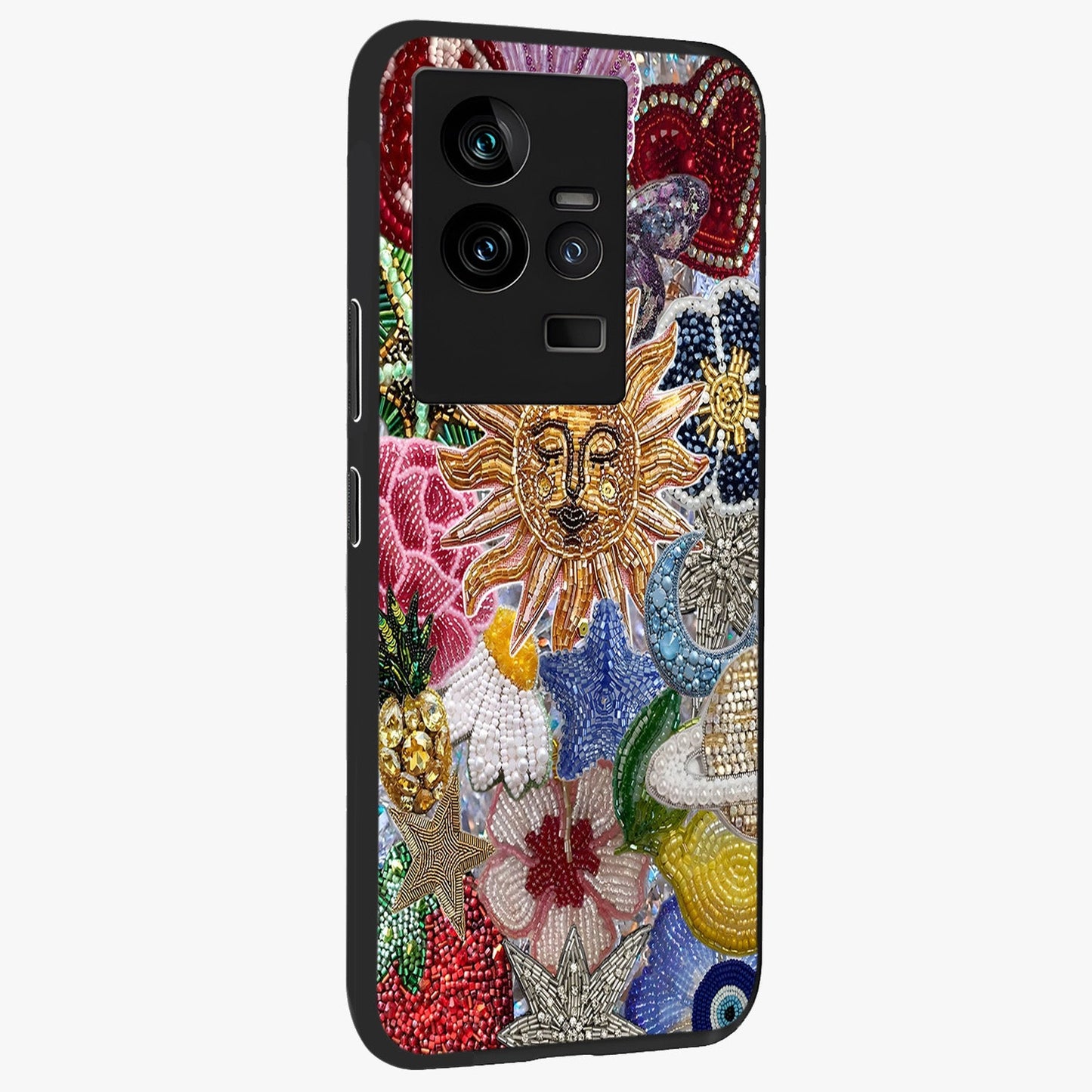 Celestial Floral and Playful Glass Case upright view showcasing whimsical floral artwork with cosmic aesthetic theme.