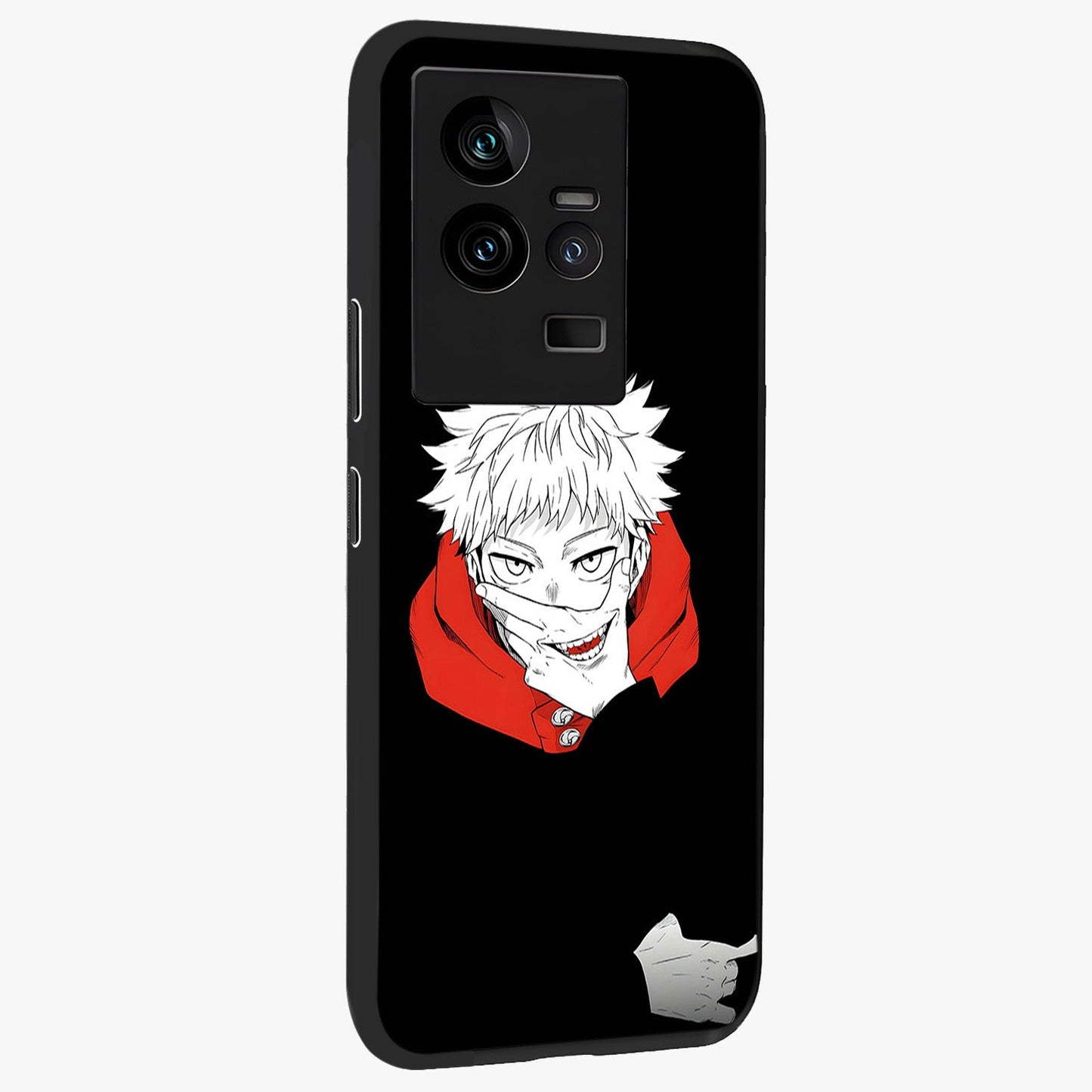 Crimson Chaos Smile Glass Case upright view showcasing expressive chaotic artwork with striking visual theme.