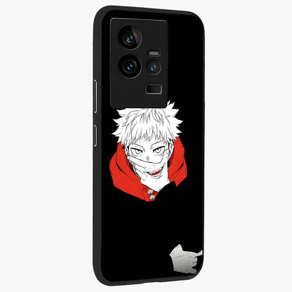 Crimson Chaos Smile Glass Case upright view showcasing expressive chaotic artwork with striking visual theme.