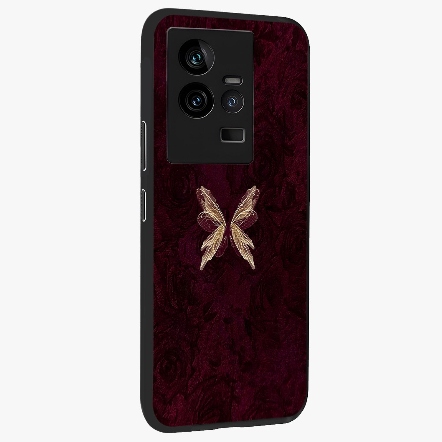 Crimson Fade Butterfly Glass Case upright view showcasing graceful butterfly artwork with soft crimson fade effect.