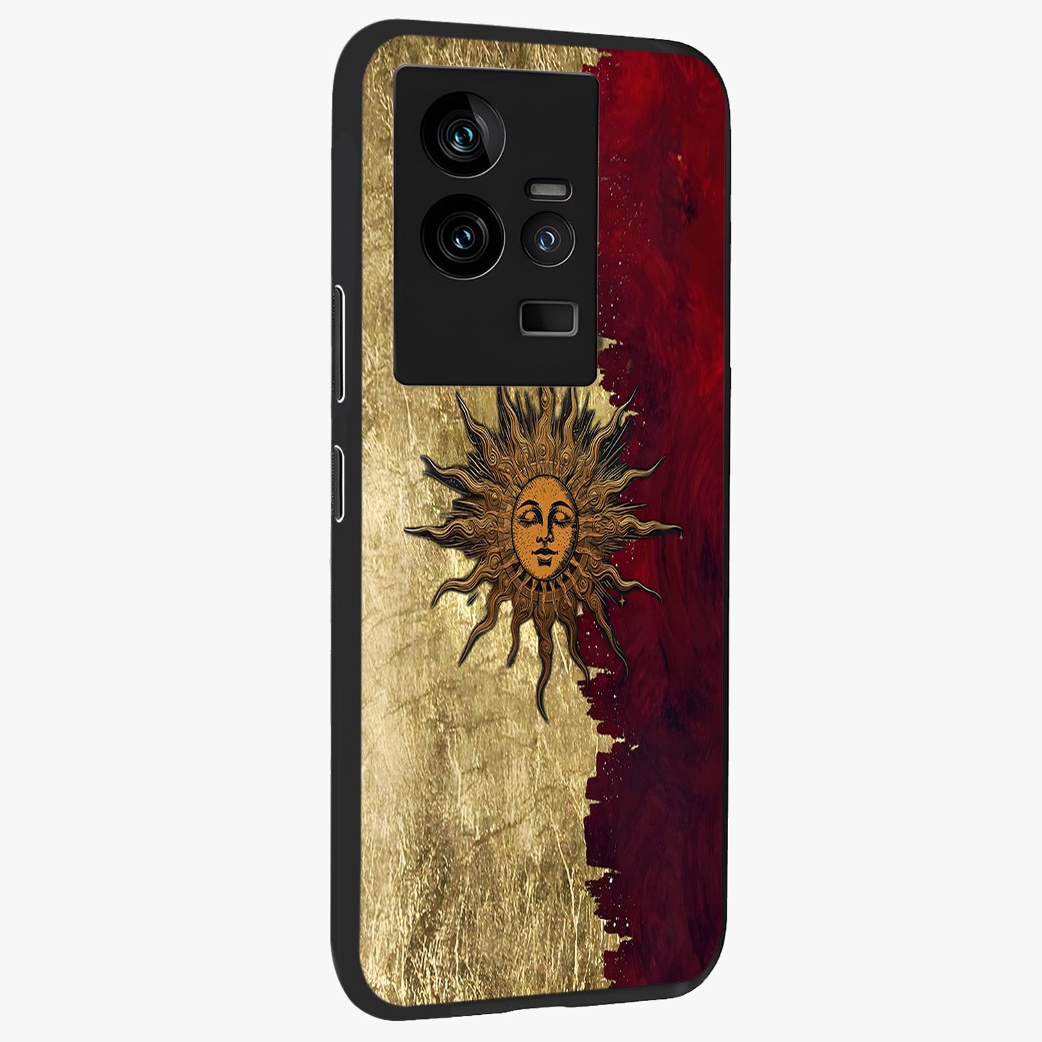 Crimson Sun Majesty Glass Case upright view showcasing vibrant sun artwork with powerful celestial theme.