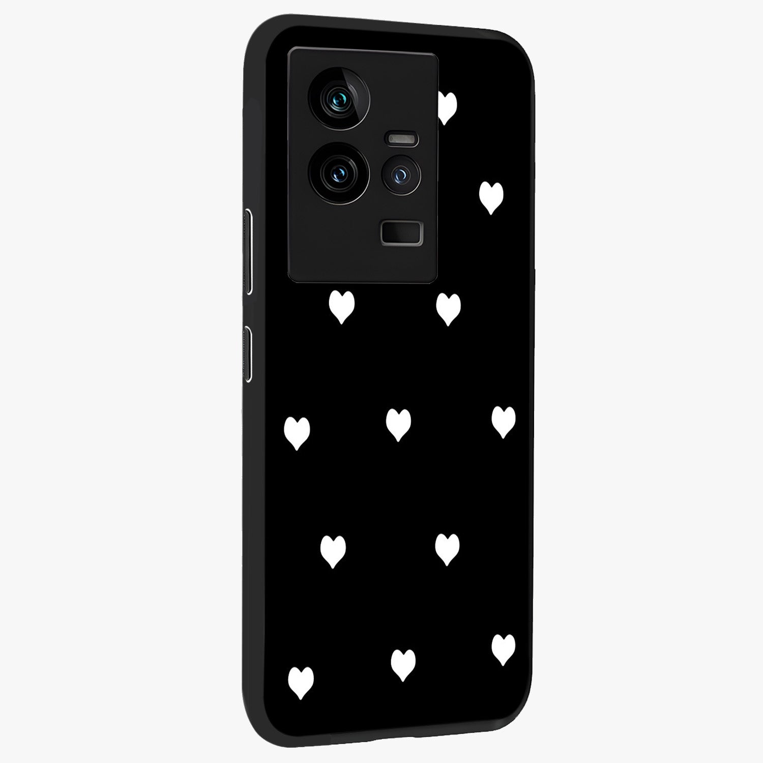 Cute And Simple White Hearts Glass Case upright view showcasing simple white hearts artwork with soft minimal theme.