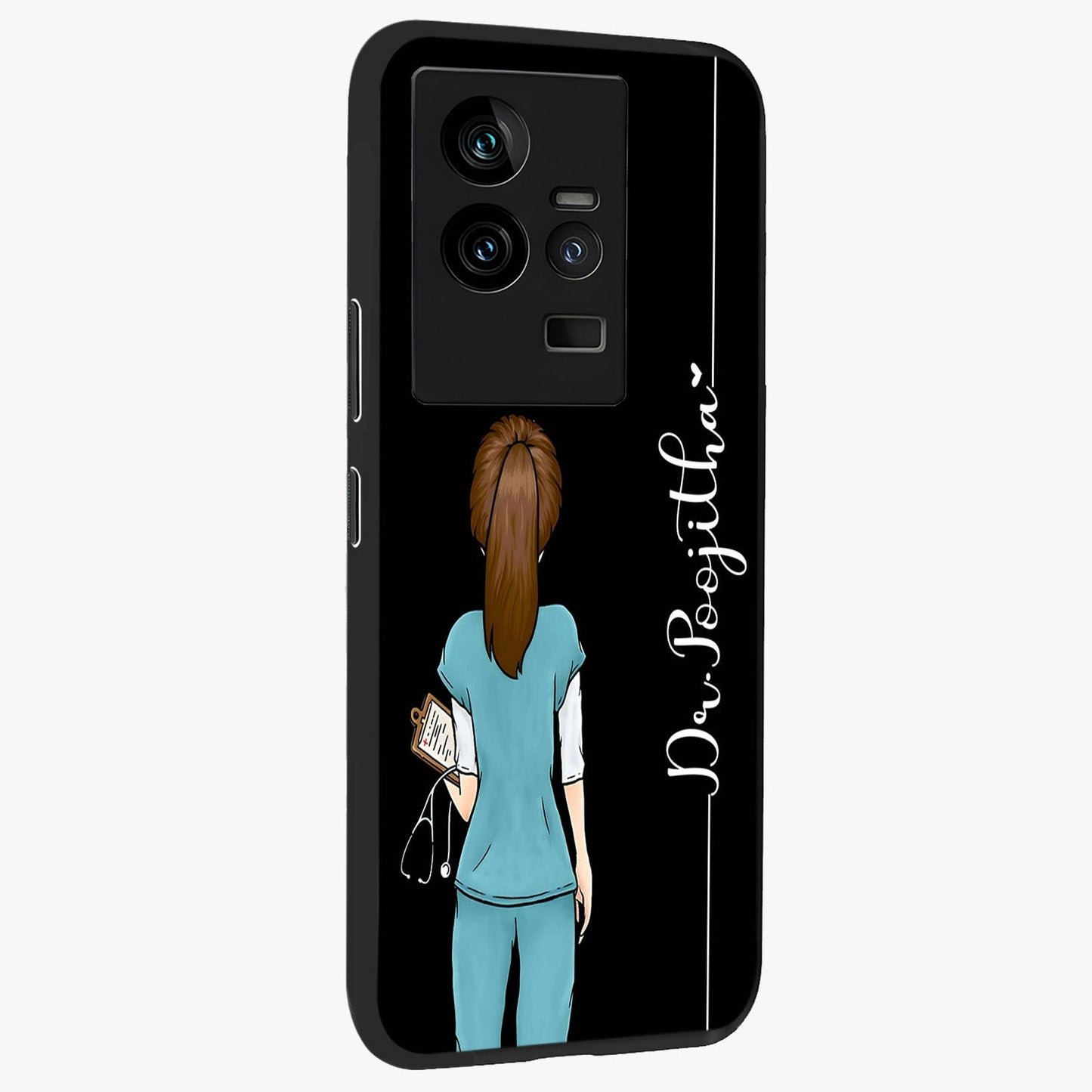 Doctor Pattern Custom Name Glass Case upright view showcasing healthcare themed design with personalized aesthetic.