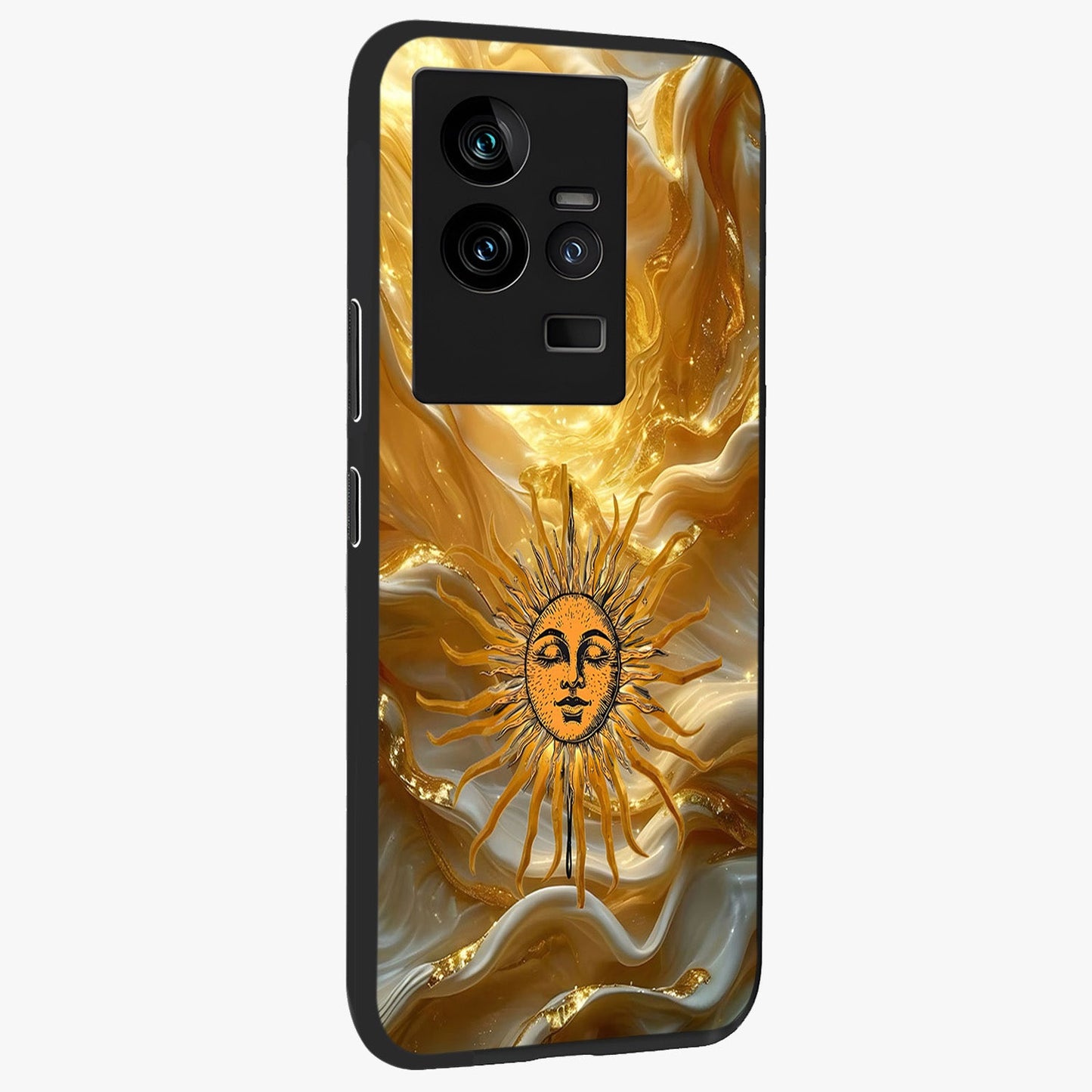 Eternal Golden Glow Glass Case upright view showcasing luminous golden artwork with luxurious visual theme.